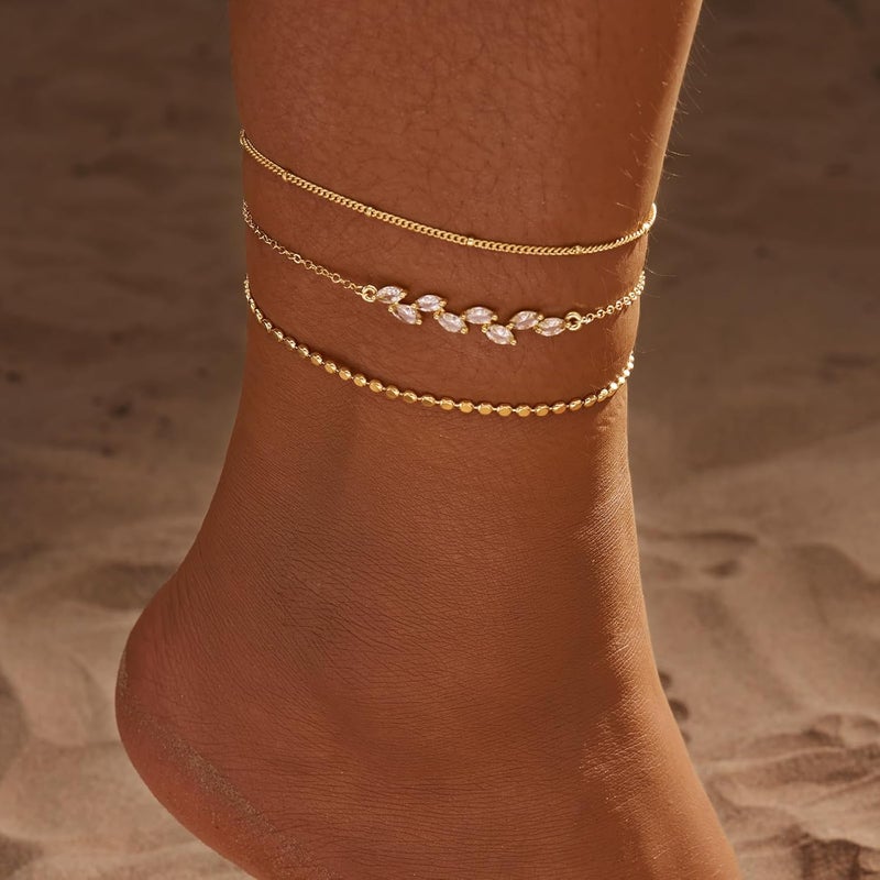 MIDEEO Gold/Silver Ankle Bracelets for Women,14K Gold Anklets for Women Waterproof Cuban Link Heart Beads Herringbone Rhinestone Anklets Set Layered Anklet Bracelets for Women Gold Jewelry Gift - Image 3